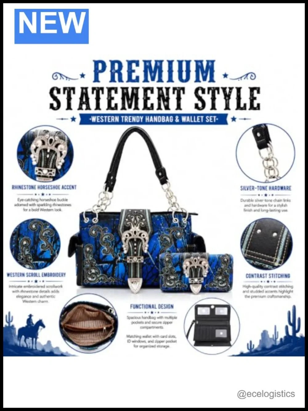Western Camouflage Shoulder Handbag and Wallet Set, Faux Leather, Rhinestone